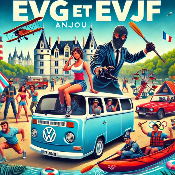 DALL·E 2024-10-12 12.21.41 - A vibrant and energetic visual promoting a joint bachelor and bachelorette party (EVG et EVJF) in Anjou. The scene should include a Volkswagen van, a